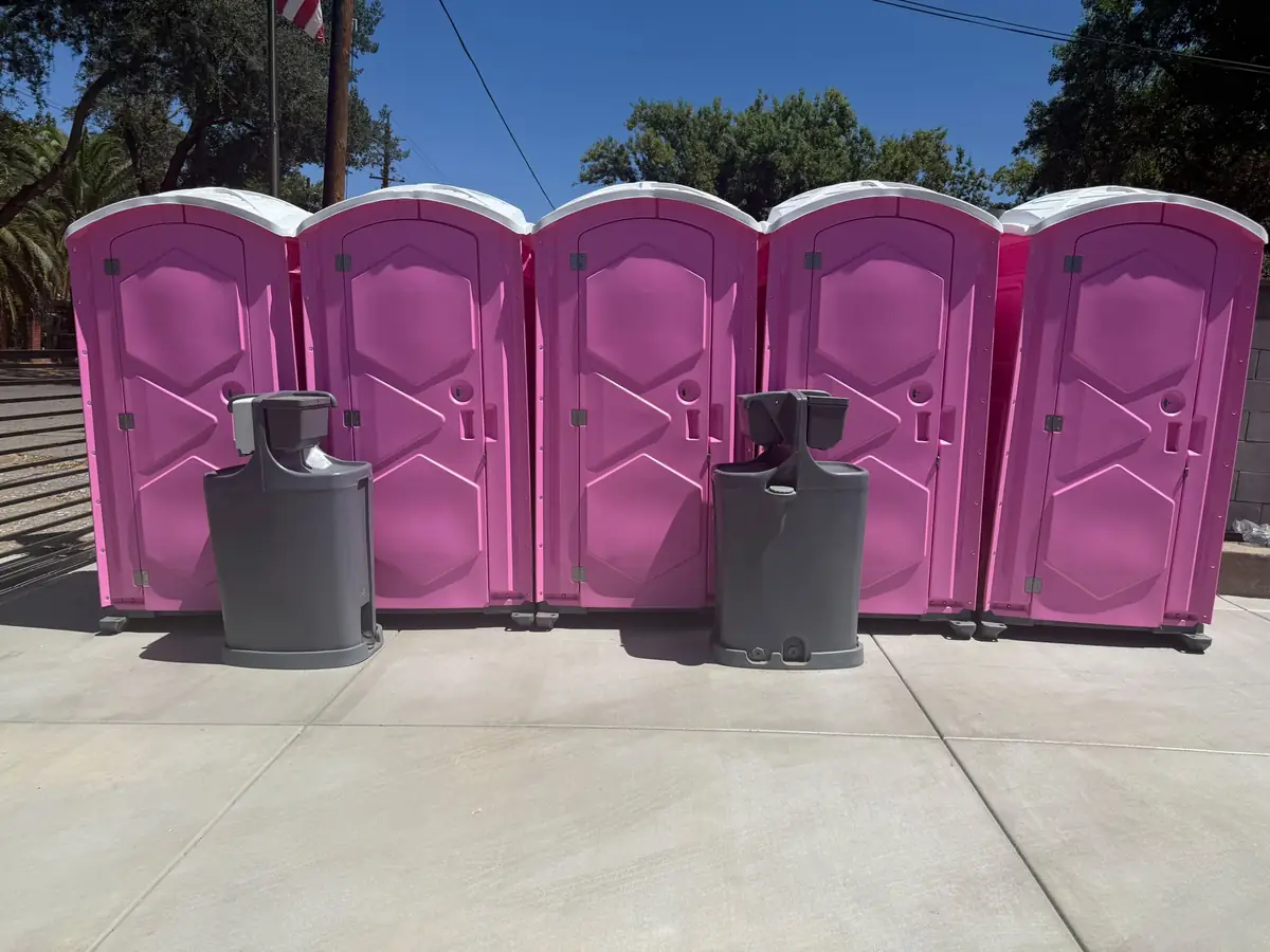 Two gray hand-wash stations in front of a row of pink portable toilets